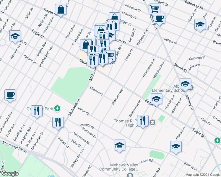 map of restaurants, bars, coffee shops, grocery stores, and more near 1213 Leeds Street in Utica