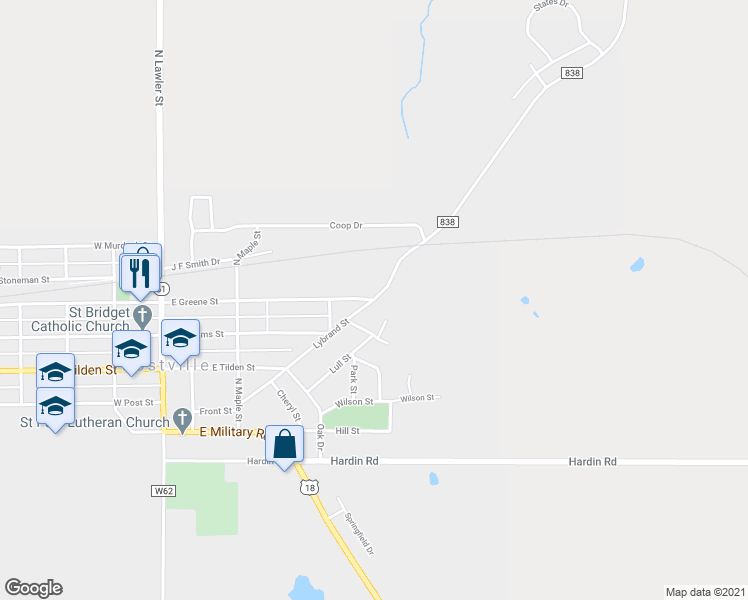 map of restaurants, bars, coffee shops, grocery stores, and more near 500 Lybrand Street in Postville
