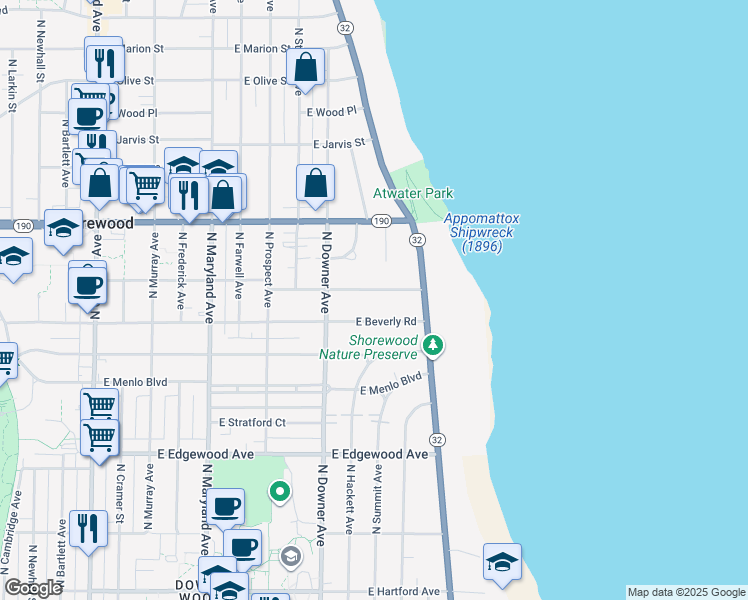 map of restaurants, bars, coffee shops, grocery stores, and more near 2641 East Beverly Road in Shorewood