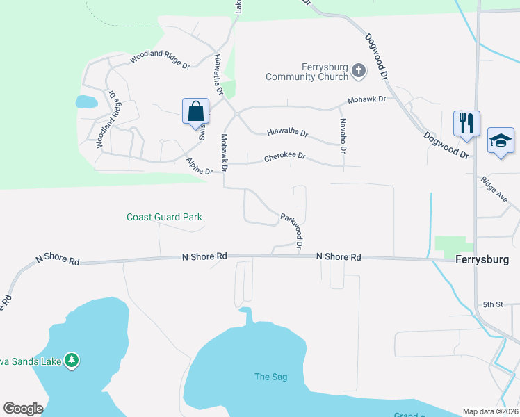 map of restaurants, bars, coffee shops, grocery stores, and more near 17588 Parkwood Drive in Spring Lake