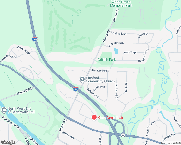 map of restaurants, bars, coffee shops, grocery stores, and more near 2 Hunters Pointe in Pittsford