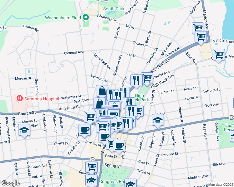 map of restaurants, bars, coffee shops, grocery stores, and more near 575 North Broadway in Saratoga Springs