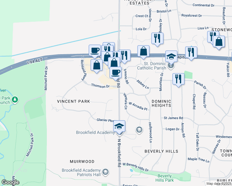 map of restaurants, bars, coffee shops, grocery stores, and more near 3755 North Brookfield Road in Brookfield