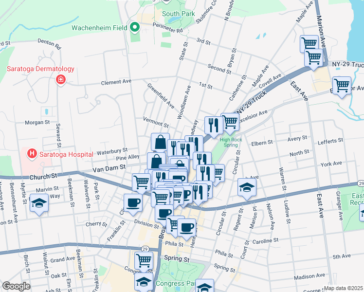 map of restaurants, bars, coffee shops, grocery stores, and more near 595 North Broadway in Saratoga Springs