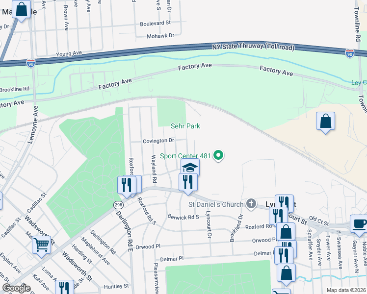 map of restaurants, bars, coffee shops, grocery stores, and more near 304 Marsden Road in Syracuse