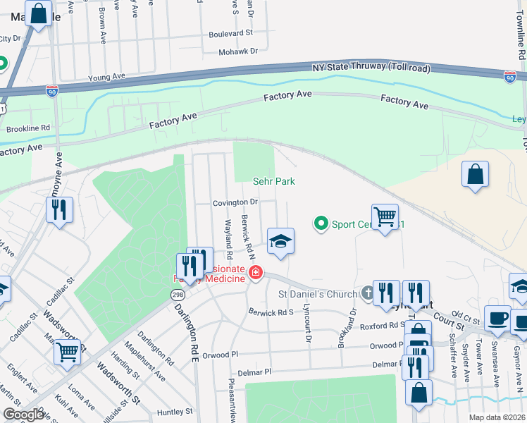 map of restaurants, bars, coffee shops, grocery stores, and more near 304 Marsden Road in Syracuse