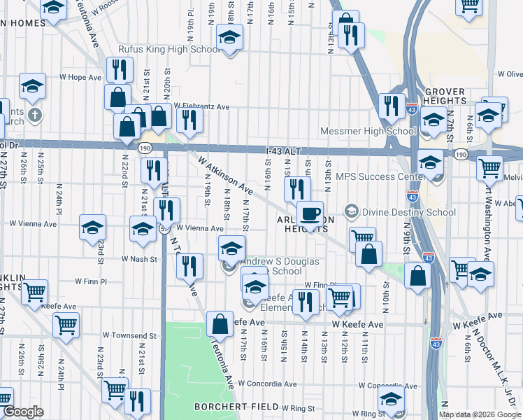 map of restaurants, bars, coffee shops, grocery stores, and more near 1616 West Atkinson Avenue in Milwaukee