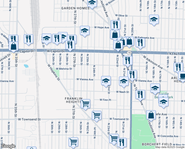 map of restaurants, bars, coffee shops, grocery stores, and more near 3866 North 24th Place in Milwaukee