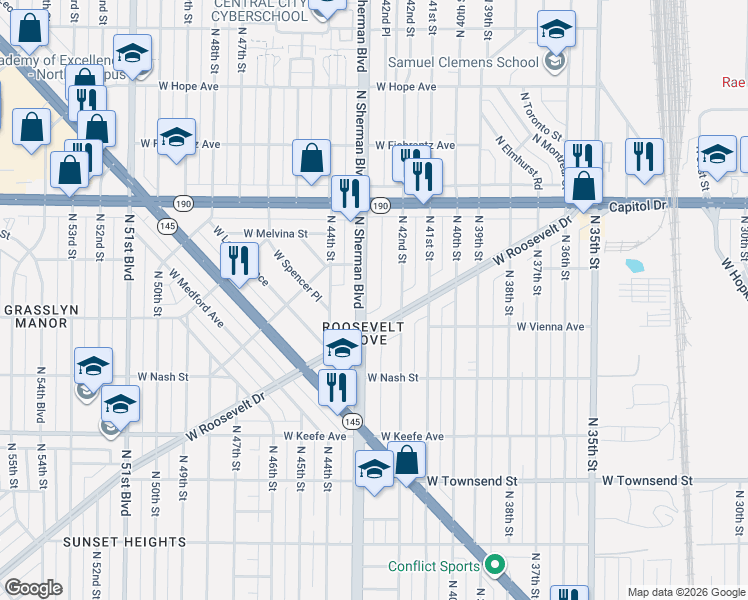 map of restaurants, bars, coffee shops, grocery stores, and more near 3847 North 42nd Street in Milwaukee