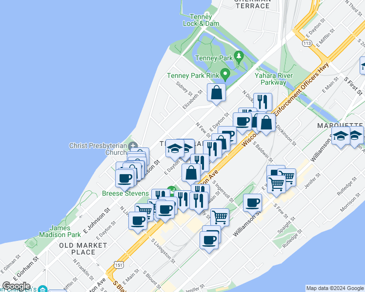 map of restaurants, bars, coffee shops, grocery stores, and more near in Madison