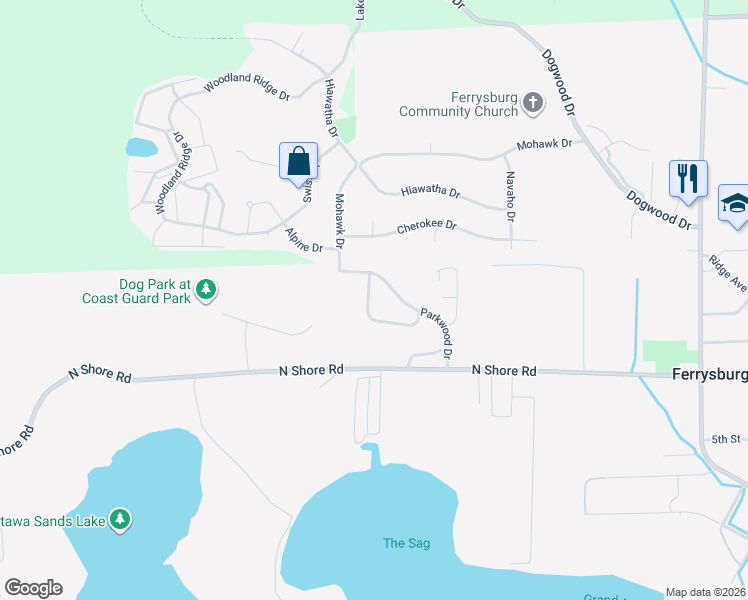 map of restaurants, bars, coffee shops, grocery stores, and more near 17595 Park Place Circle in Spring Lake