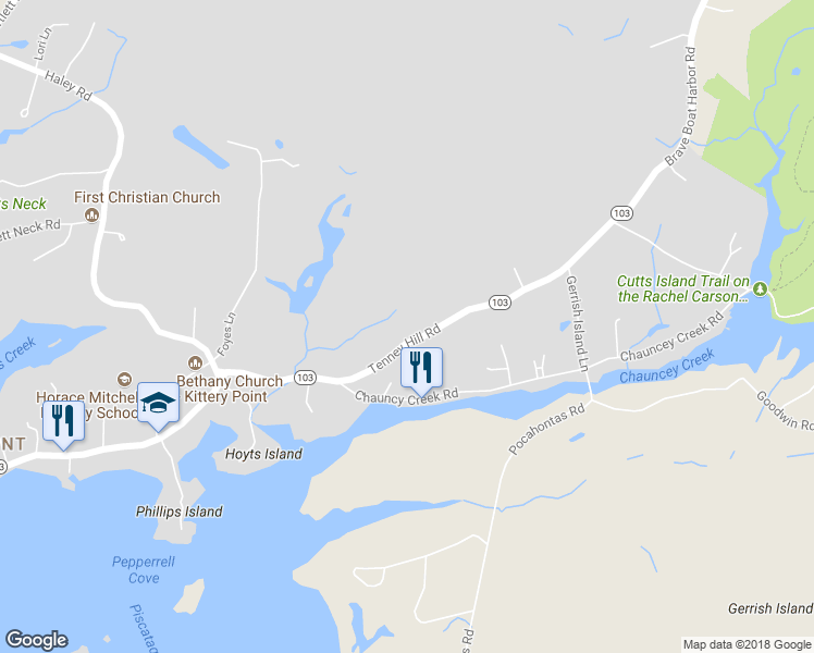 map of restaurants, bars, coffee shops, grocery stores, and more near 19 Tenney Hill Road in Kittery