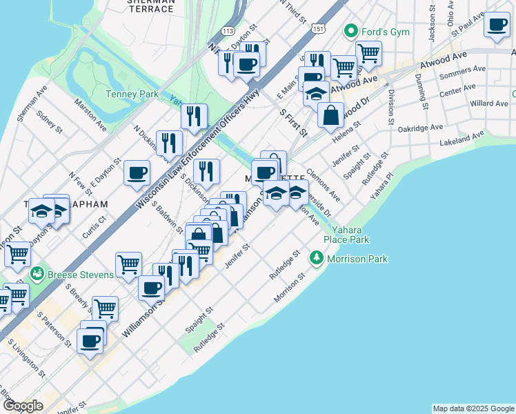 map of restaurants, bars, coffee shops, grocery stores, and more near 1447 Williamson Street in Madison