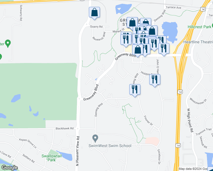 map of restaurants, bars, coffee shops, grocery stores, and more near 1264 Deming Way in Madison