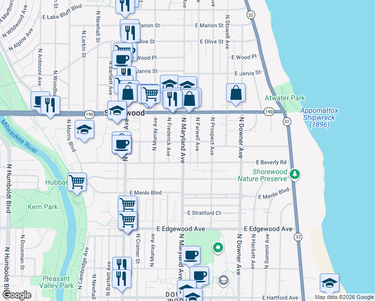 map of restaurants, bars, coffee shops, grocery stores, and more near 2208 East Shorewood Boulevard in Shorewood