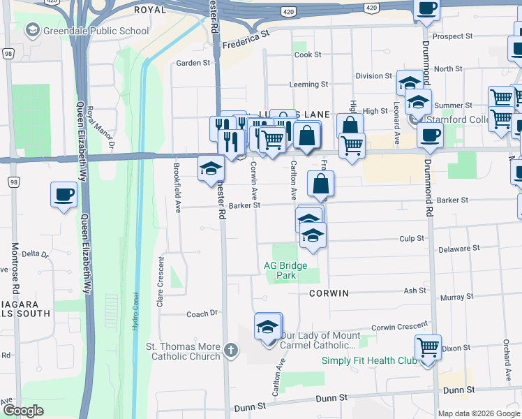 map of restaurants, bars, coffee shops, grocery stores, and more near 6054 Corwin Avenue in Niagara Falls
