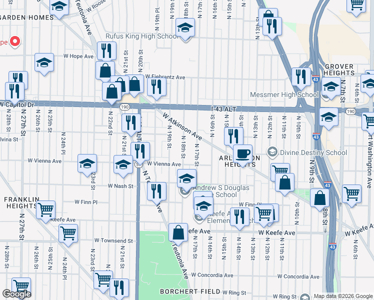 map of restaurants, bars, coffee shops, grocery stores, and more near 3872 North 18th Street in Milwaukee