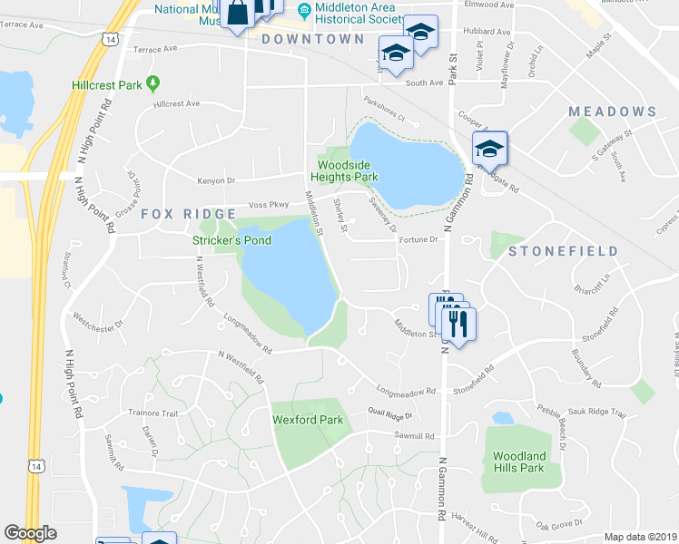 map of restaurants, bars, coffee shops, grocery stores, and more near 1215 Middleton Street in Middleton