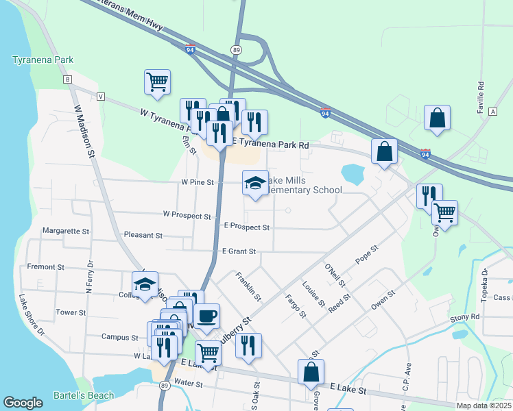 map of restaurants, bars, coffee shops, grocery stores, and more near 155 East Pine Street in Lake Mills
