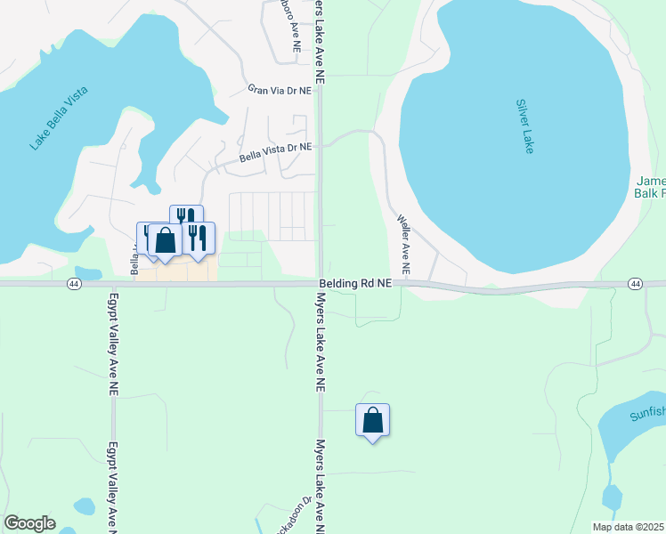map of restaurants, bars, coffee shops, grocery stores, and more near 6835 Belding Road Northeast in Rockford