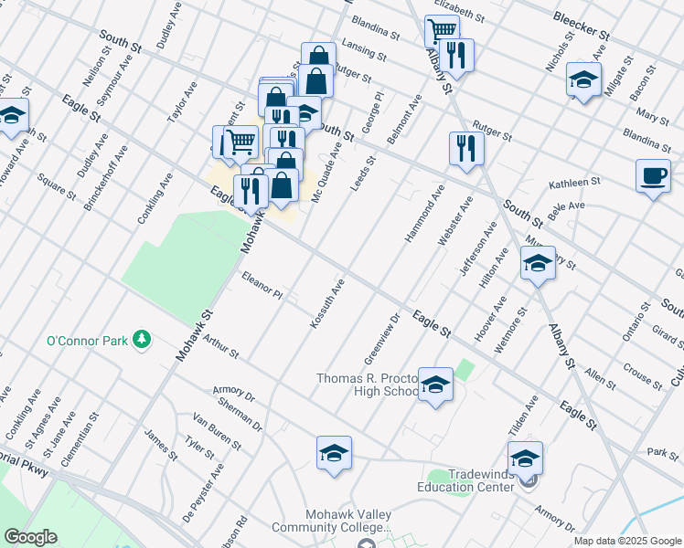 map of restaurants, bars, coffee shops, grocery stores, and more near 1200 Kossuth Avenue in Utica