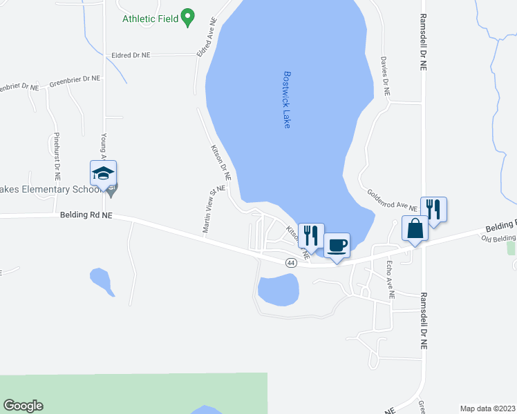 map of restaurants, bars, coffee shops, grocery stores, and more near 6818 Kitson Drive Northeast in Rockford