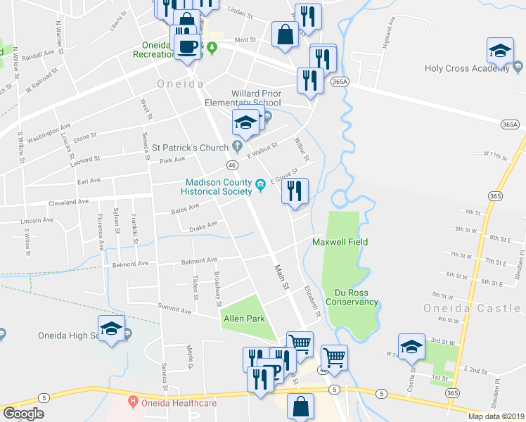 map of restaurants, bars, coffee shops, grocery stores, and more near 453 Main Street in Oneida