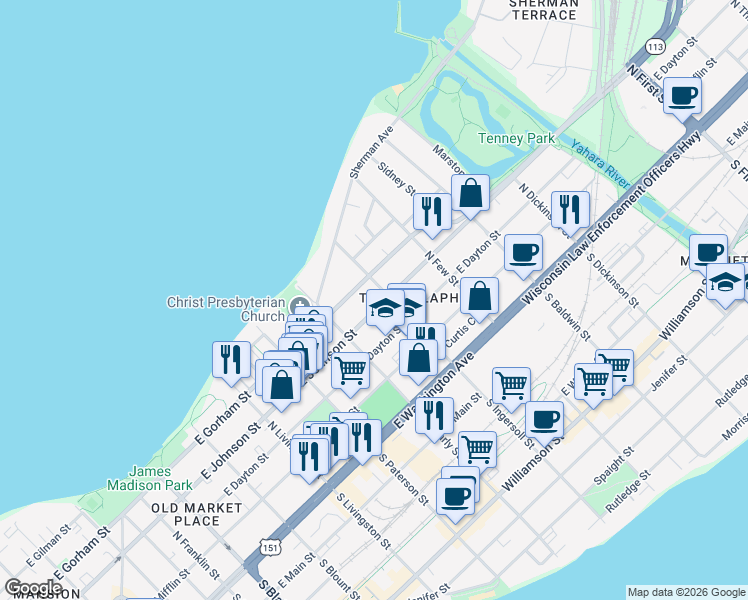 map of restaurants, bars, coffee shops, grocery stores, and more near 315 North Ingersoll Street in Madison