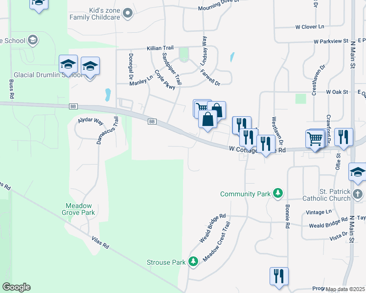 map of restaurants, bars, coffee shops, grocery stores, and more near Limerick Drive in Cottage Grove