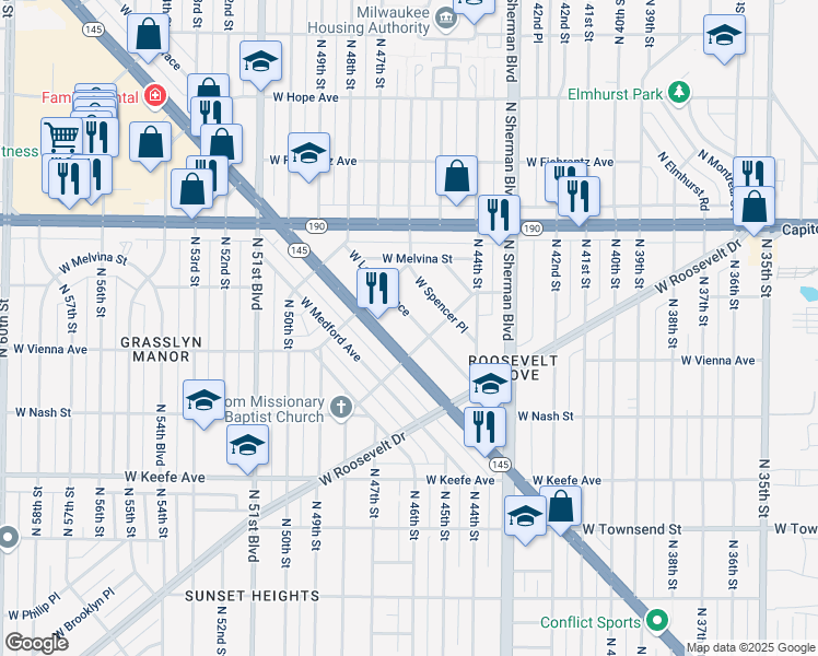 map of restaurants, bars, coffee shops, grocery stores, and more near 4531 West Spencer Place in Milwaukee