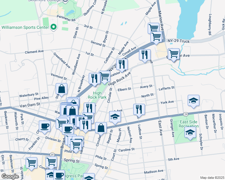map of restaurants, bars, coffee shops, grocery stores, and more near in Saratoga Springs