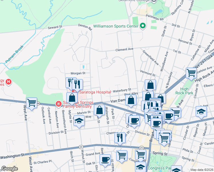map of restaurants, bars, coffee shops, grocery stores, and more near 21 Wells Street in Saratoga Springs