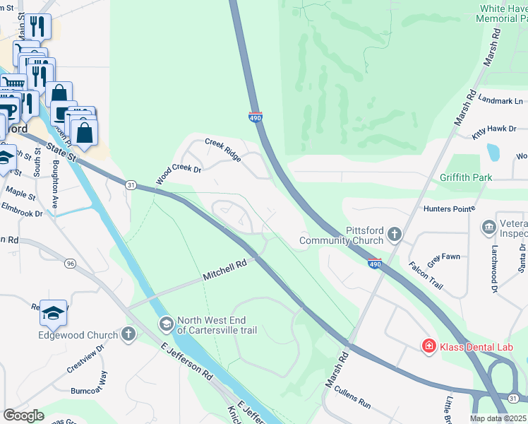 map of restaurants, bars, coffee shops, grocery stores, and more near 500 Hahnemann Trail in Pittsford