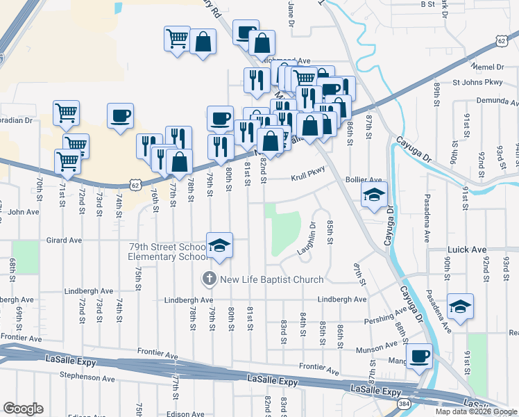 map of restaurants, bars, coffee shops, grocery stores, and more near 712 82nd Street in Niagara Falls