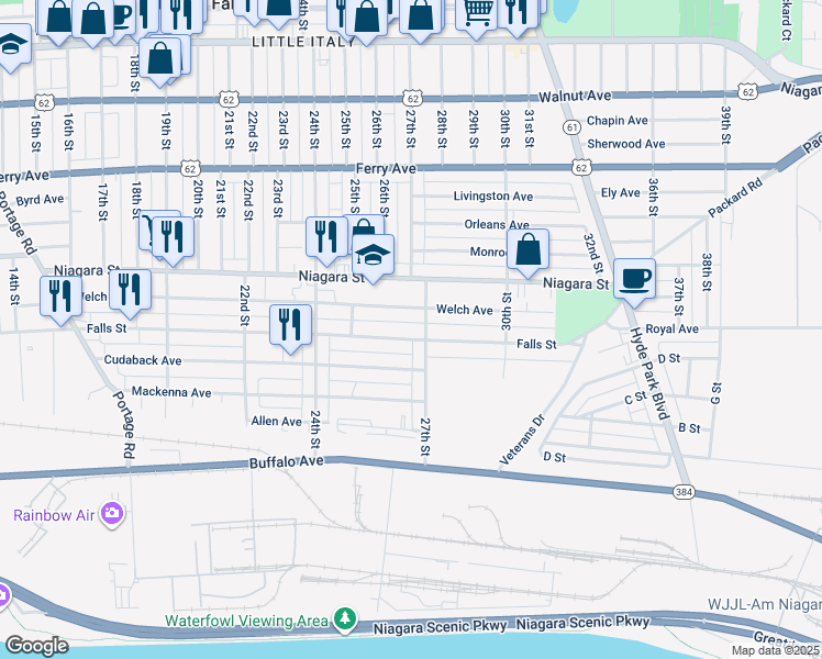 map of restaurants, bars, coffee shops, grocery stores, and more near 2642 27th Street in Niagara Falls