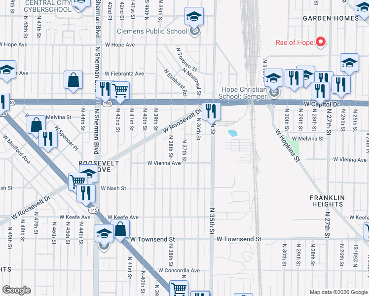 map of restaurants, bars, coffee shops, grocery stores, and more near 3873 North 37th Street in Milwaukee