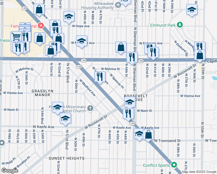 map of restaurants, bars, coffee shops, grocery stores, and more near 4531 West Spencer Place in Milwaukee
