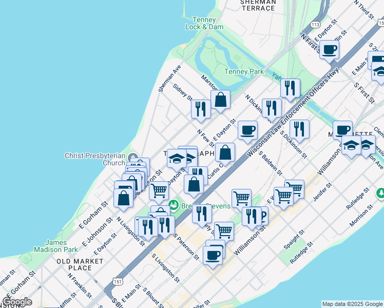 map of restaurants, bars, coffee shops, grocery stores, and more near in Madison