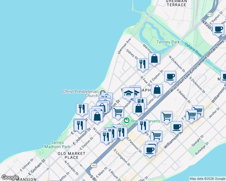 map of restaurants, bars, coffee shops, grocery stores, and more near 1034 East Gorham Street in Madison