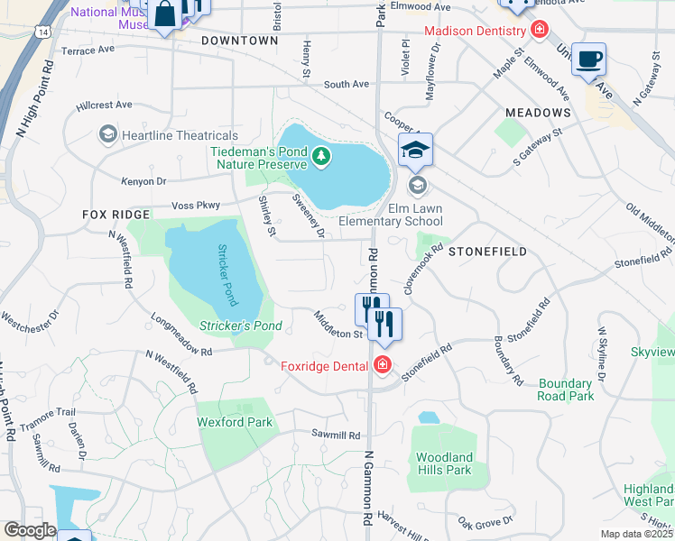 map of restaurants, bars, coffee shops, grocery stores, and more near 7017 Fortune Drive in Middleton