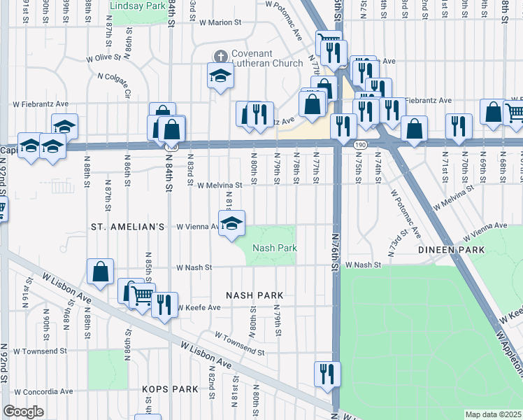 map of restaurants, bars, coffee shops, grocery stores, and more near 3859 North 80th Street in Milwaukee