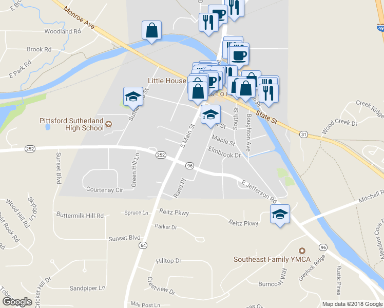 map of restaurants, bars, coffee shops, grocery stores, and more near 72 South Main Street in Pittsford