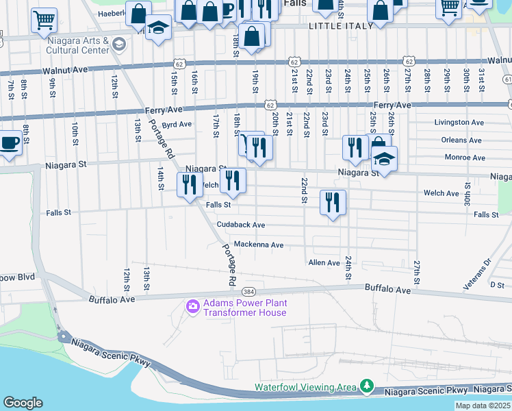 map of restaurants, bars, coffee shops, grocery stores, and more near Falls Street & 19th Street in Niagara Falls