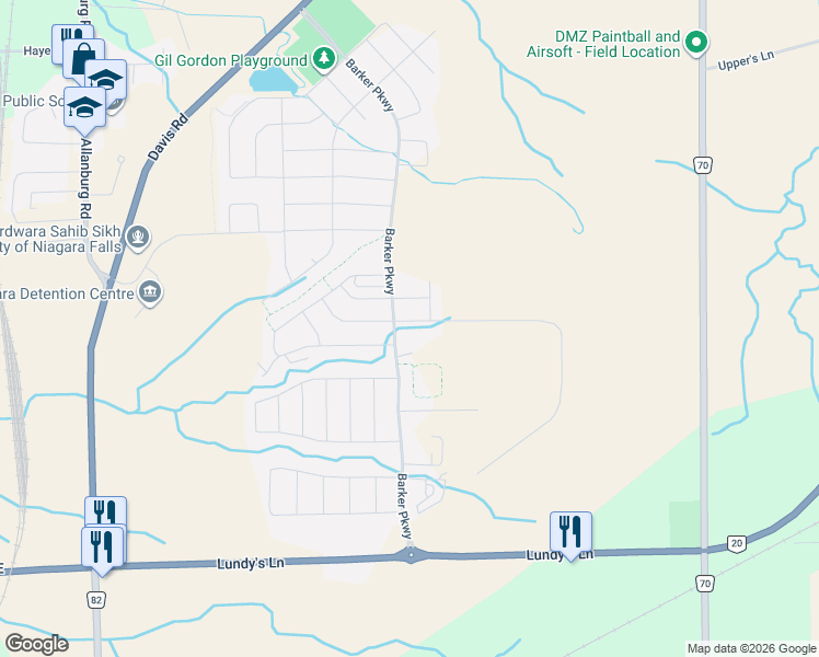 map of restaurants, bars, coffee shops, grocery stores, and more near Venture Way in Thorold