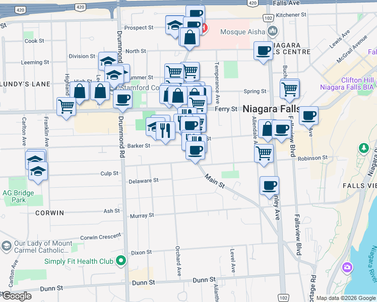 map of restaurants, bars, coffee shops, grocery stores, and more near 6063 Main Street in Niagara Falls
