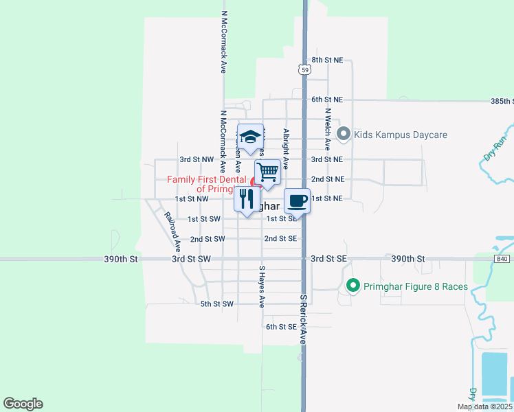 map of restaurants, bars, coffee shops, grocery stores, and more near in Primghar