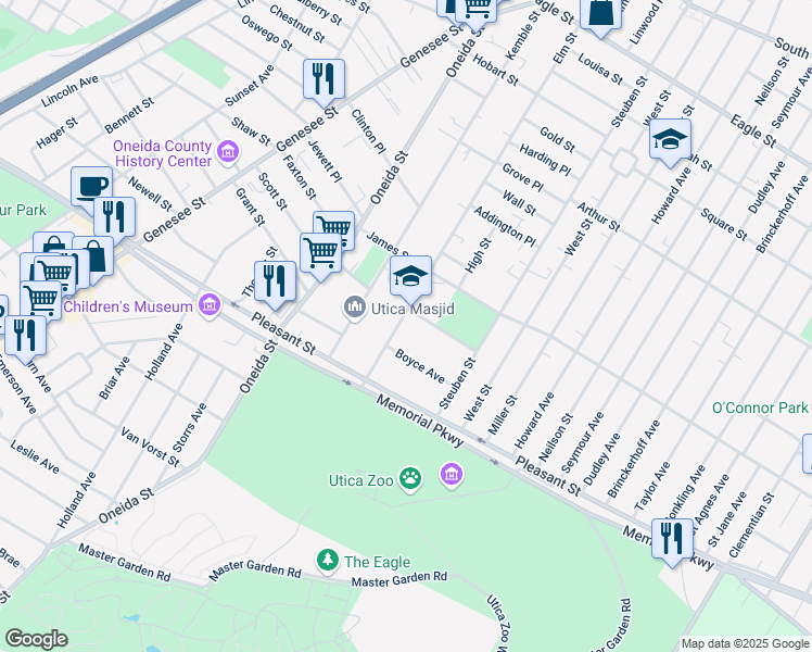 map of restaurants, bars, coffee shops, grocery stores, and more near 1625 Elm Street in Utica