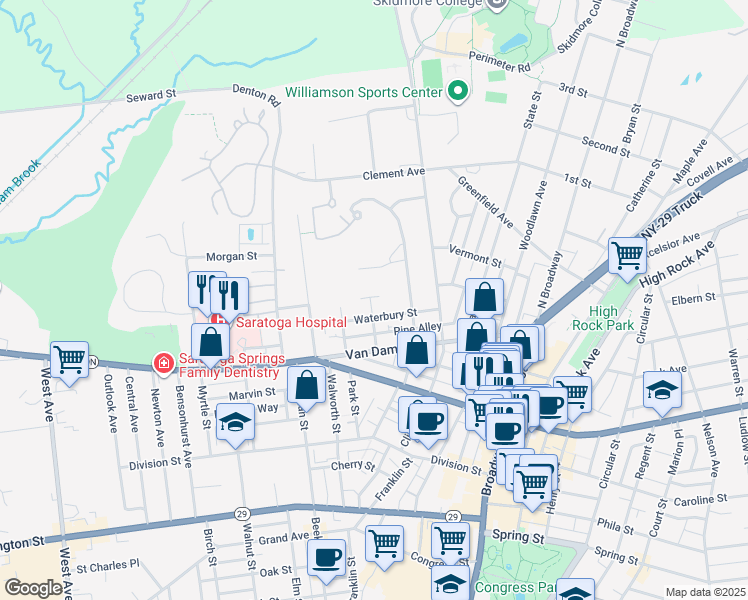 map of restaurants, bars, coffee shops, grocery stores, and more near 18 Russell Street in Saratoga Springs