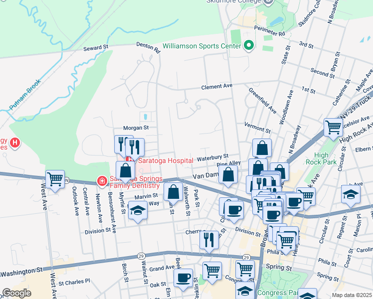 map of restaurants, bars, coffee shops, grocery stores, and more near 21 Wells Street in Saratoga Springs