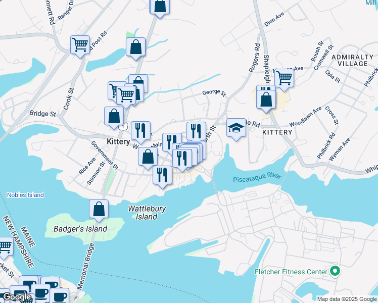 map of restaurants, bars, coffee shops, grocery stores, and more near 12 Dame Street in Kittery